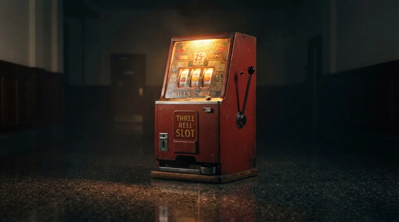 En gammal spelautomat lyser i den dunkla hallen och speglar sig i golvet — svenska casinon med bitcoin