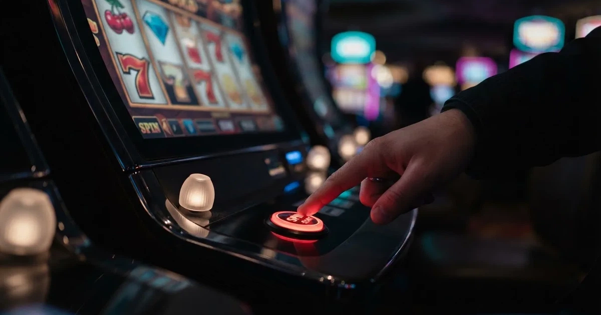Ett finger trycker på spelautomatens klarröda knapp i dunklet, neonljus lyser runt omkring — svenska casinon med bonus