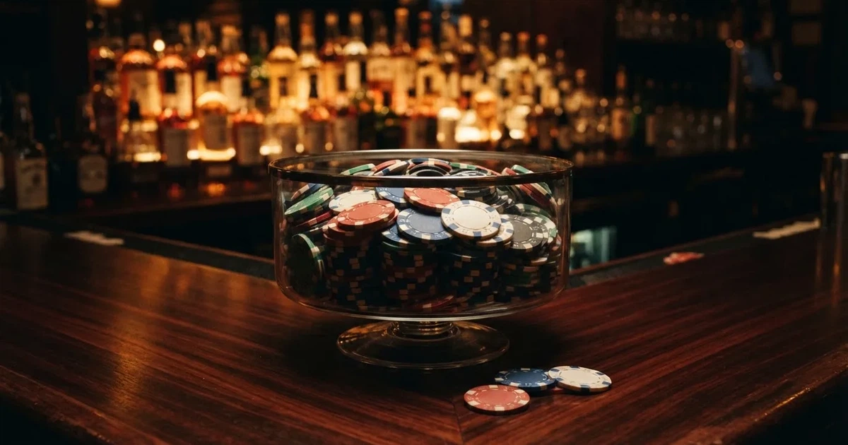 En glasskål full av färgglada spelmarker på en bardisk, flaskor glöder bakom i bärnstensfärg — svenska casinon med bonuskoder