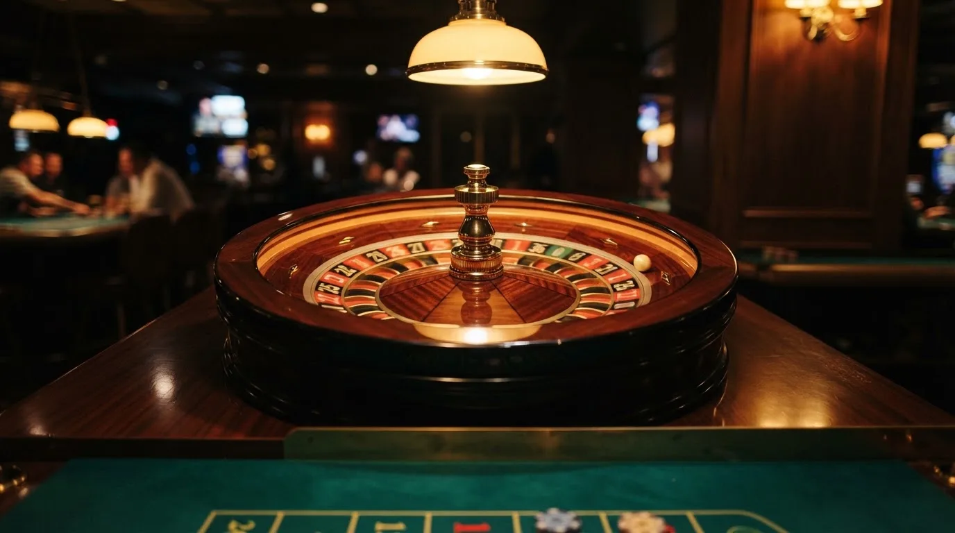 Ett roulettehjul snurrar på ett blankt träbord, den vita kulan glimmar i takljusets guld — svenska casinon med brite
