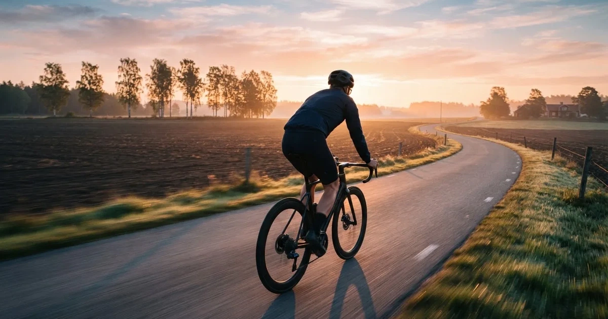 En cyklist susar längs en landsväg vid soluppgång, farten gör åkrarna suddiga i bakgrunden — svenska casinon med brite
