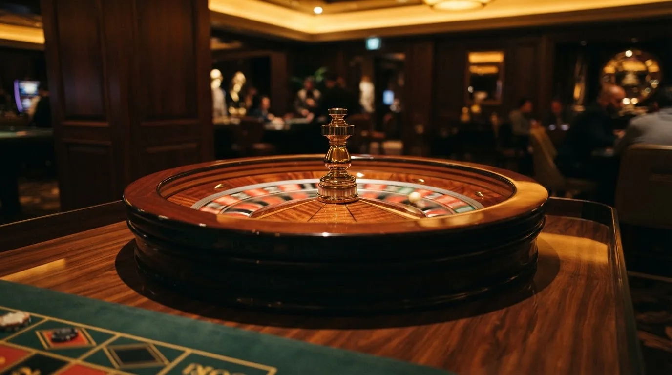 Ett roulettehjul snurrar på ett blankt träbord, den vita kulan glimmar i takljusets guld — svenska casinon med dogecoin