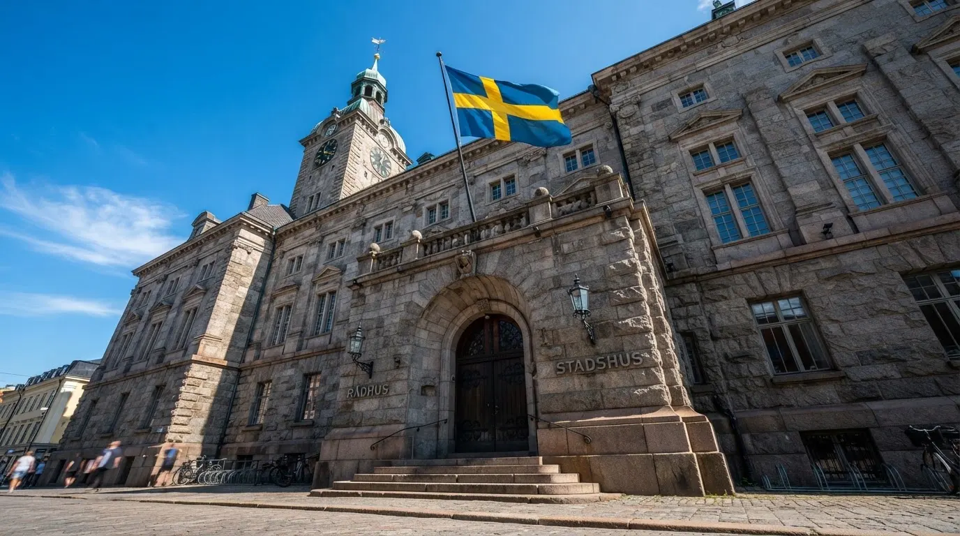 Ett gammalt stadshus i sten fotograferat underifrån mot en klarblå himmel, med den svenska flaggan som fladdrar ovanför entrén.