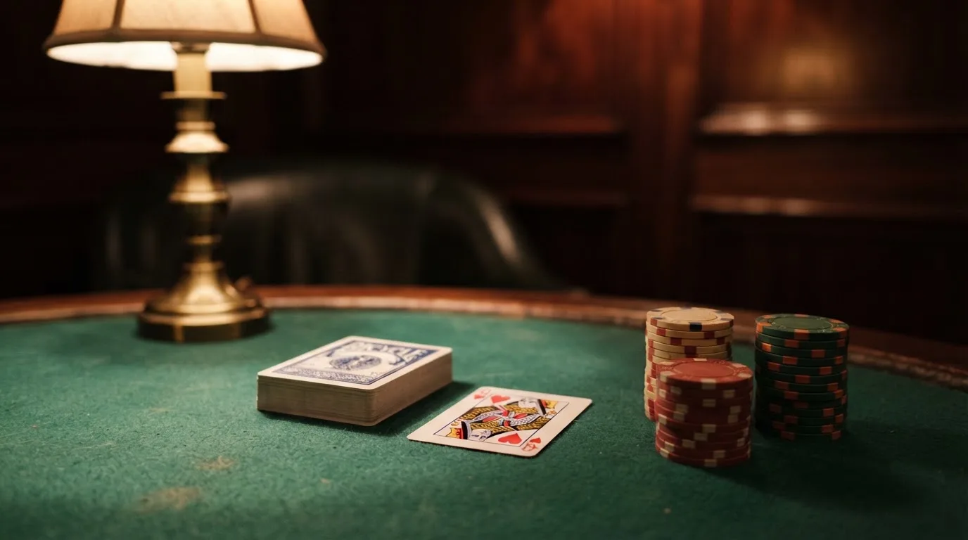 Kortlek och staplar av spelmarker på ett grönt filtbord i en dunkel salong, varmt lampsken — svenska casinon med faktura