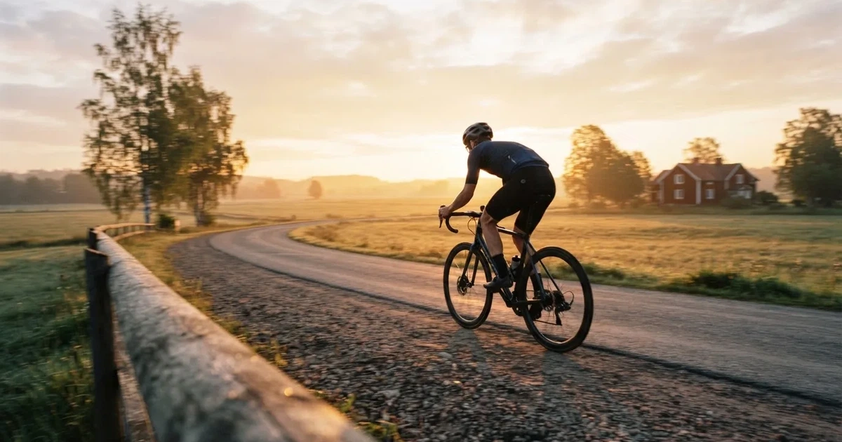 En cyklist susar längs en landsväg vid soluppgång, farten gör åkrarna suddiga i bakgrunden — svenska casinon med faktura