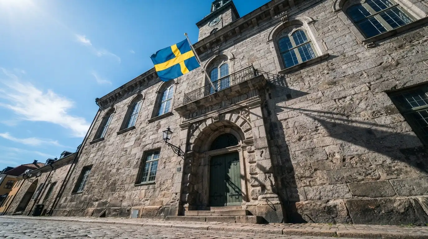 Ett gammalt stadshus i sten fotograferat underifrån mot en klarblå himmel, med den svenska flaggan som fladdrar ovanför entrén.