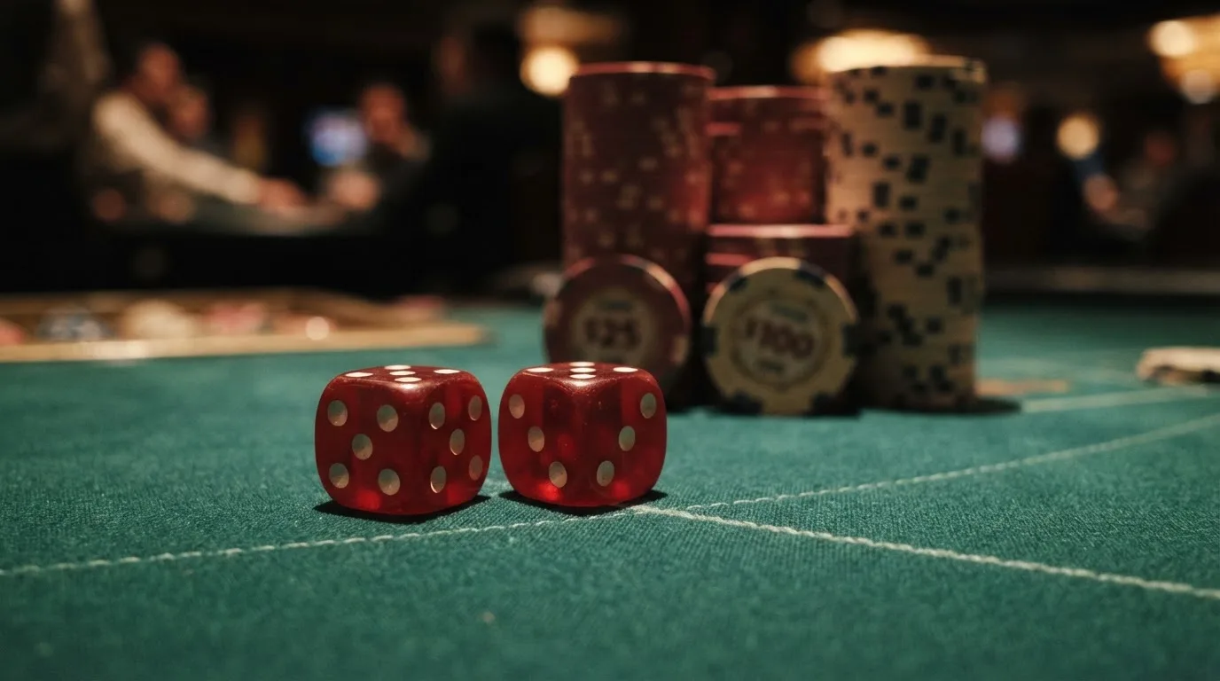 Röda tärningar vilar på grönt filt, bakom dem suddiga torn av spelmarker i kvällsdunklet — svenska casinon med google pay