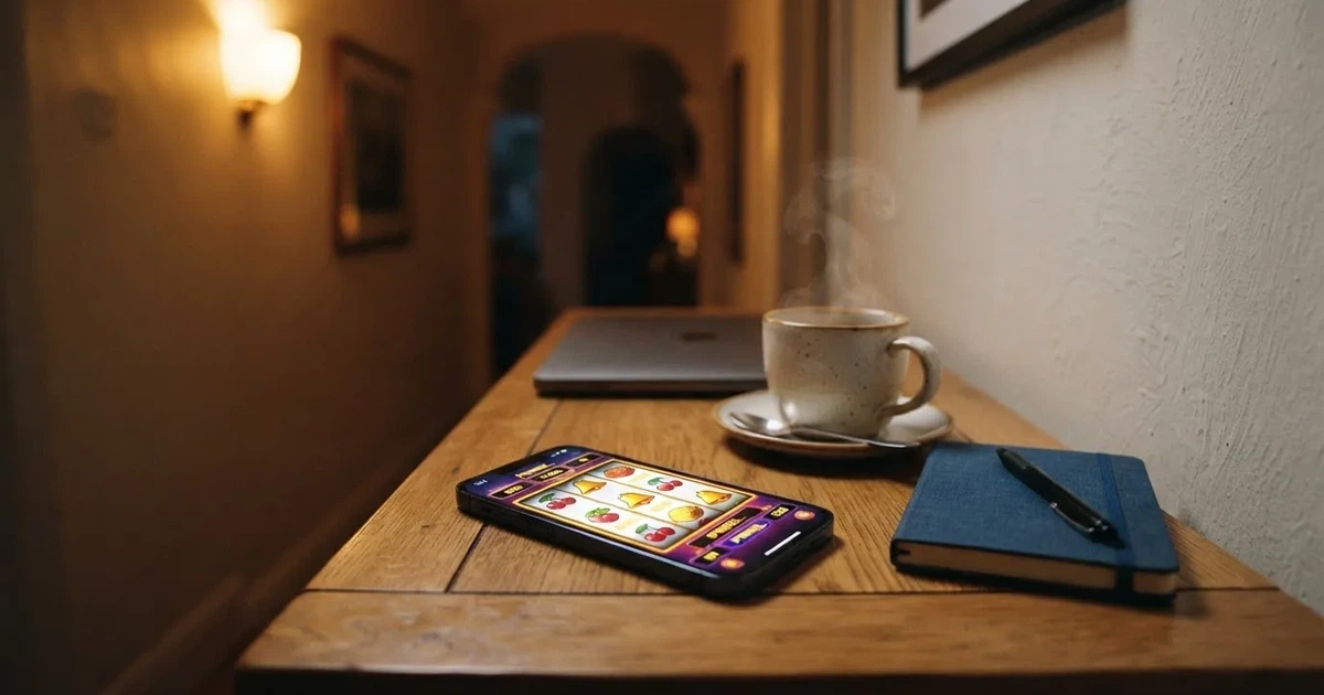 Kaffekopp och penna på ett smalt hallbord i skymning, en stängd bärbar dator vid sidan — svenska casinon med google pay
