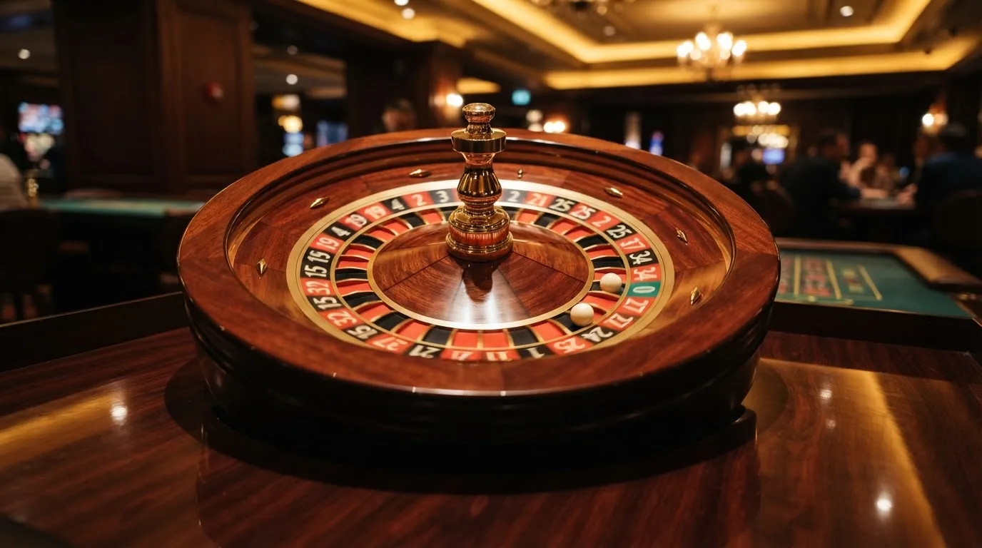 Ett roulettehjul snurrar på ett blankt träbord, den vita kulan glimmar i takljusets guld — svenska casinon med högst rtp