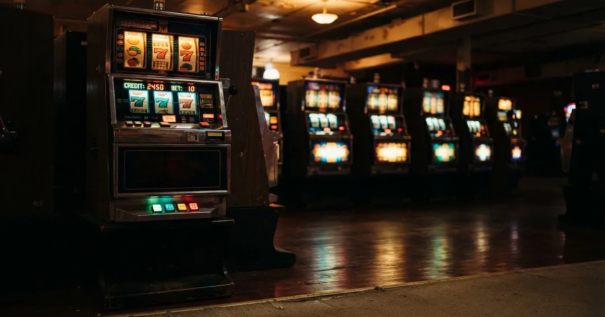 En rad spelskåp i en dunkel hall, rullarna lyser i olika färger och golvet speglar dem — svenska casinon med högst rtp