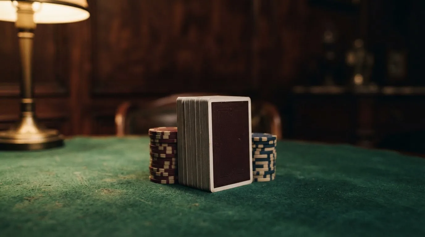 Kortlek och staplar av spelmarker på ett grönt filtbord i en dunkel salong, varmt lampsken — svenska casinon med jeton