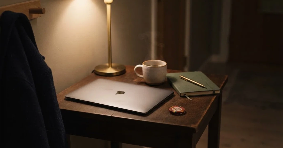 Kaffekopp och penna på ett smalt hallbord i skymning, en stängd bärbar dator vid sidan — svenska casinon med jeton