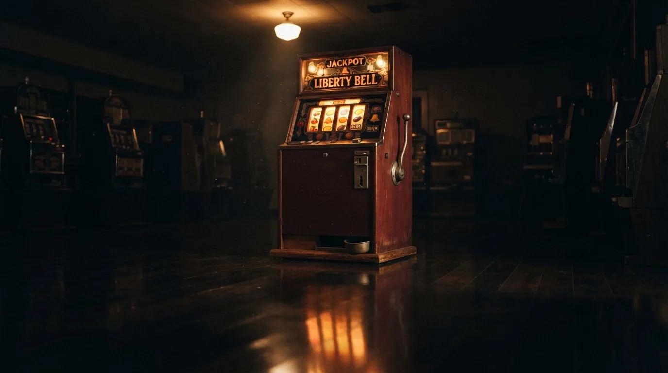 En gammal spelautomat lyser i den dunkla hallen och speglar sig i golvet — svenska casinon med keno