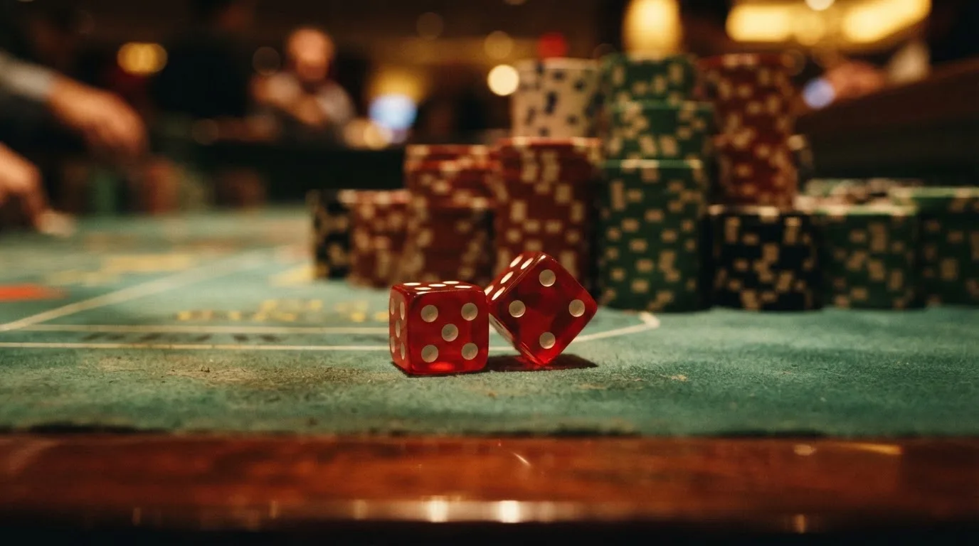 Röda tärningar vilar på grönt filt, bakom dem suddiga torn av spelmarker i kvällsdunklet — svenska casinon med klarna