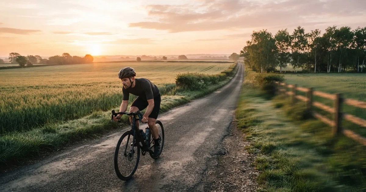En cyklist susar längs en landsväg vid soluppgång, farten gör åkrarna suddiga i bakgrunden — svenska casinon med klarna