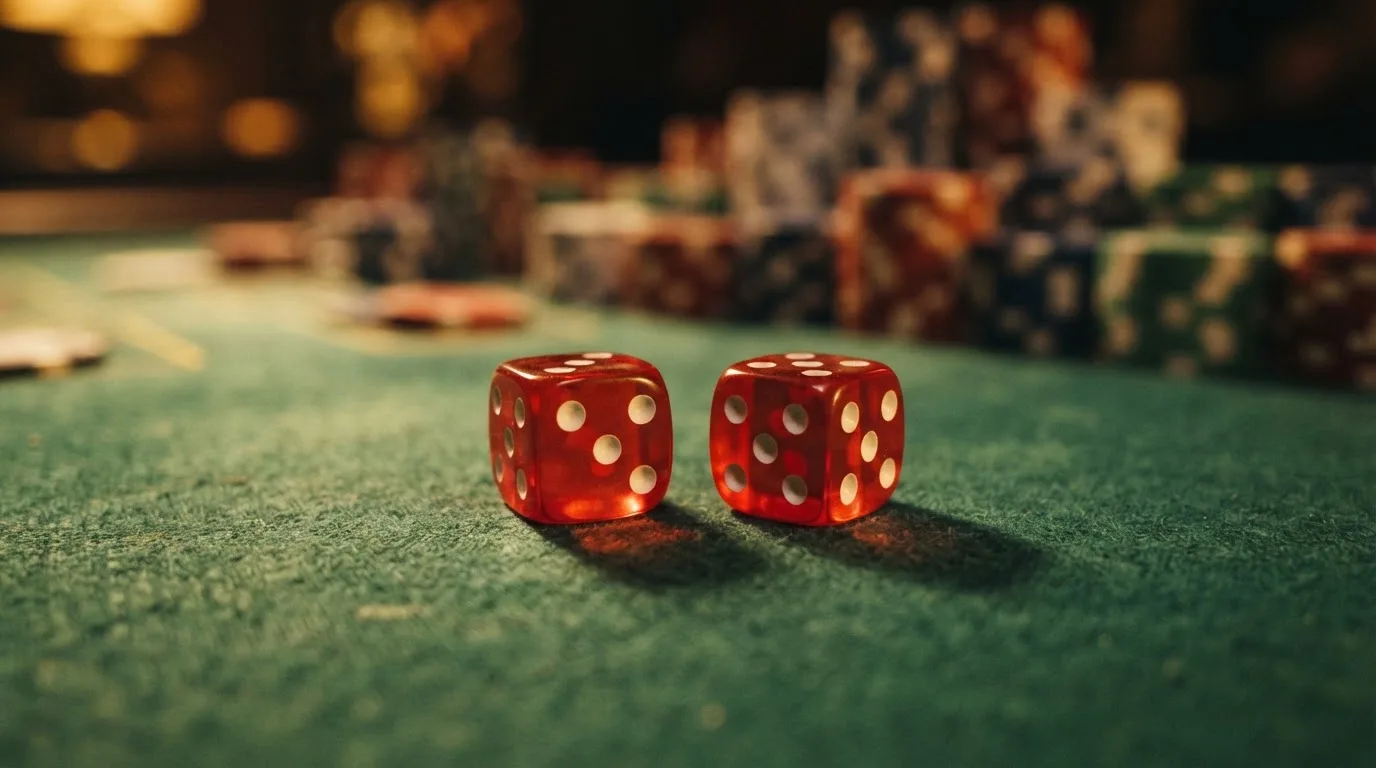 Röda tärningar vilar på grönt filt, bakom dem suddiga torn av spelmarker i kvällsdunklet — svenska casinon med litecoin