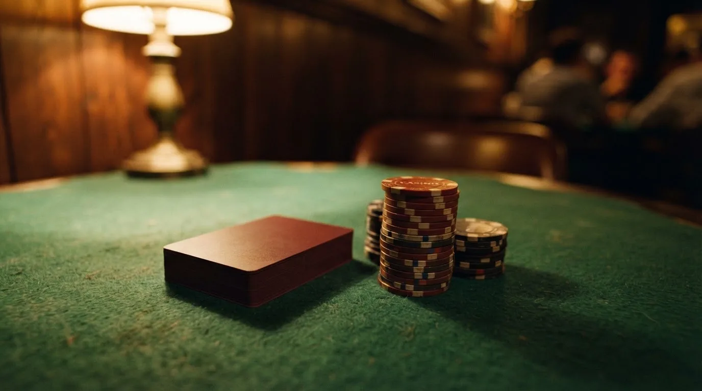 Kortlek och staplar av spelmarker på ett grönt filtbord i en dunkel salong, varmt lampsken — svenska casinon med mastercard