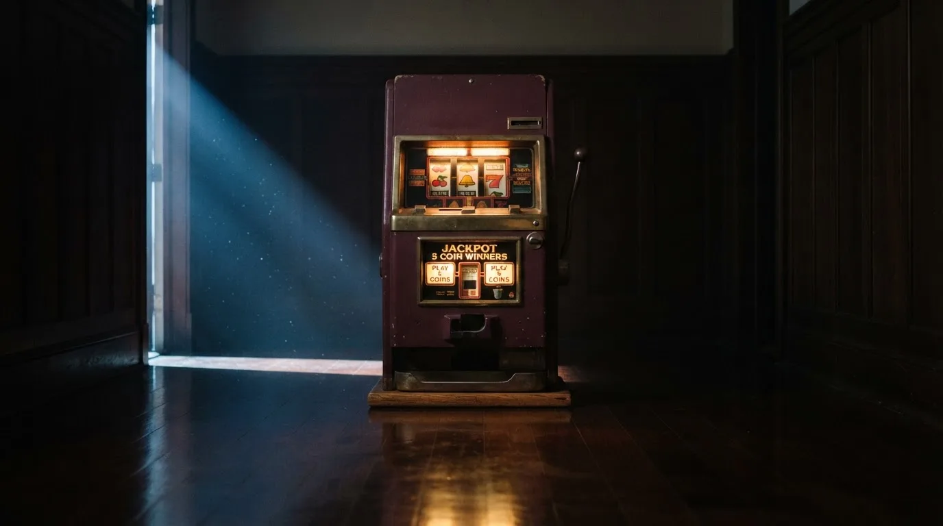 En gammal spelautomat lyser i den dunkla hallen och speglar sig i golvet — svenska casinon med mga licens