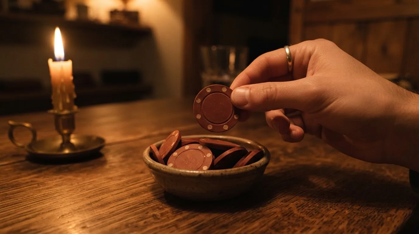 En hand lyfter en spelmark ur en skål, ljuslågan färgar bordet gyllenbrunt — svenska casinon med muchbetter