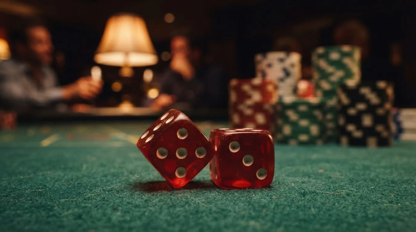 Röda tärningar vilar på grönt filt, bakom dem suddiga torn av spelmarker i kvällsdunklet — svenska casinon med neosurf