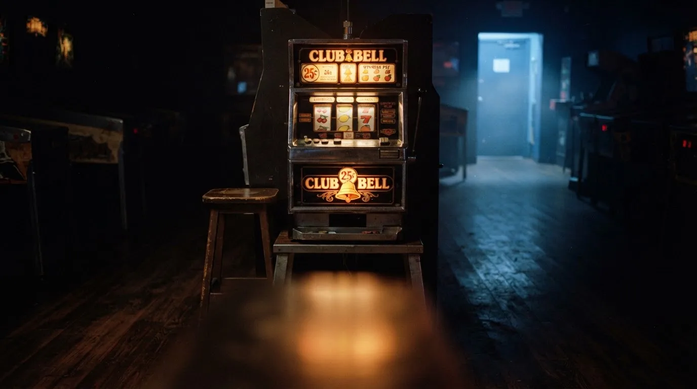 En gammal spelautomat lyser i den dunkla hallen och speglar sig i golvet — svenska casinon med neteller