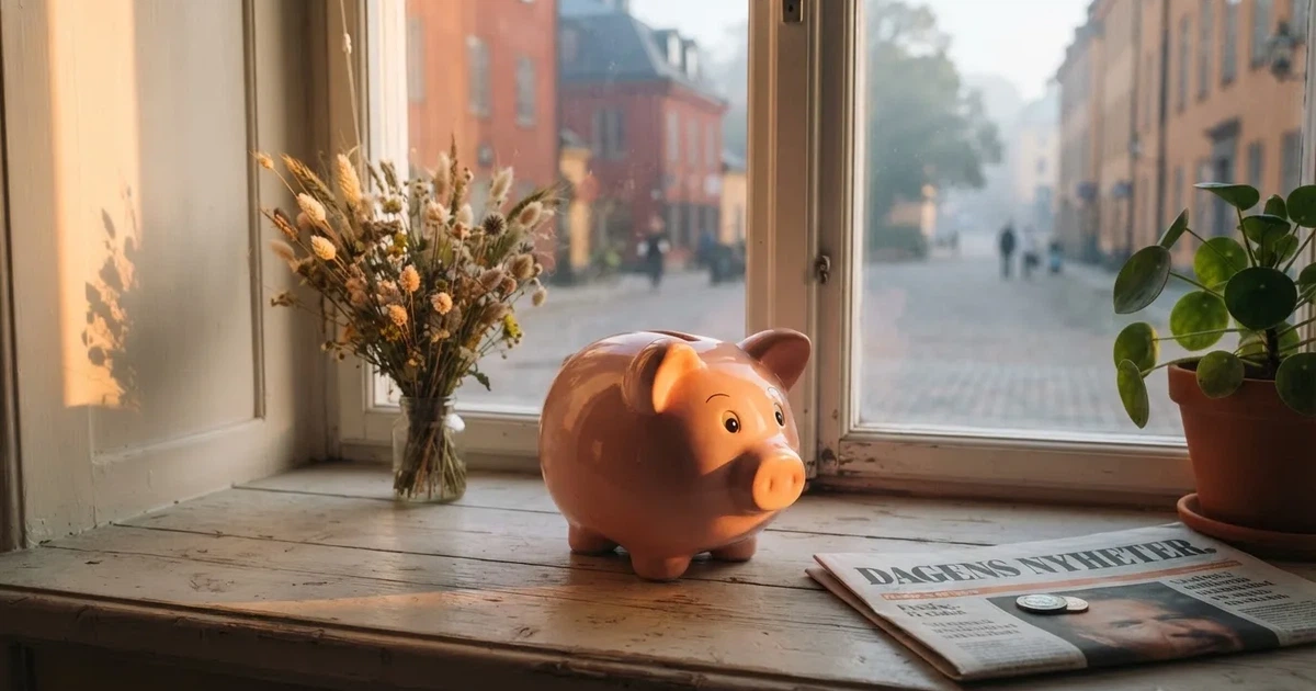 En porslinsgris på fönsterbrädan i morgonljus, bredvid en torkad blombukett och en grön växt — svenska casinon med neteller