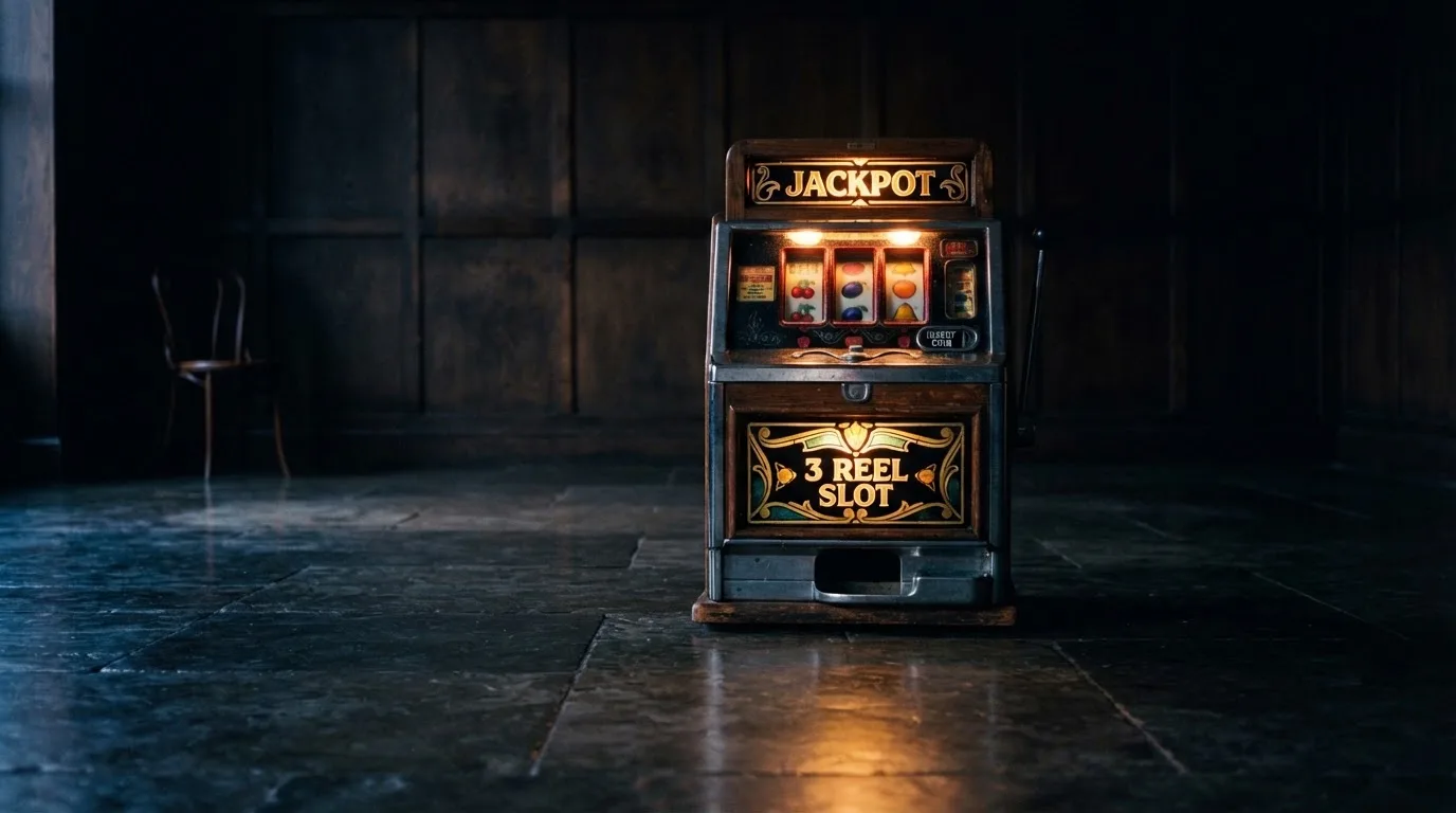 En gammal spelautomat lyser i den dunkla hallen och speglar sig i golvet — svenska casinon med paypal