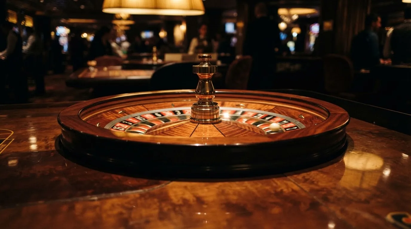 Ett roulettehjul snurrar på ett blankt träbord, den vita kulan glimmar i takljusets guld — svenska casinon med payz