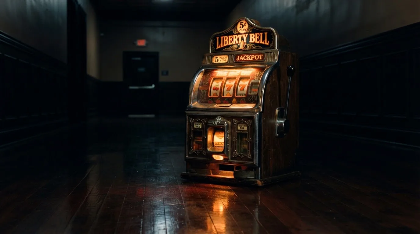 En gammal spelautomat lyser i den dunkla hallen och speglar sig i golvet — svenska casinon med siru