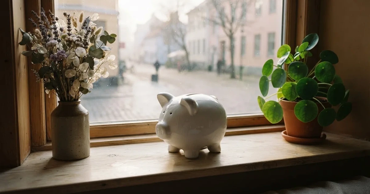 En porslinsgris på fönsterbrädan i morgonljus, bredvid en torkad blombukett och en grön växt — svenska casinon med siru