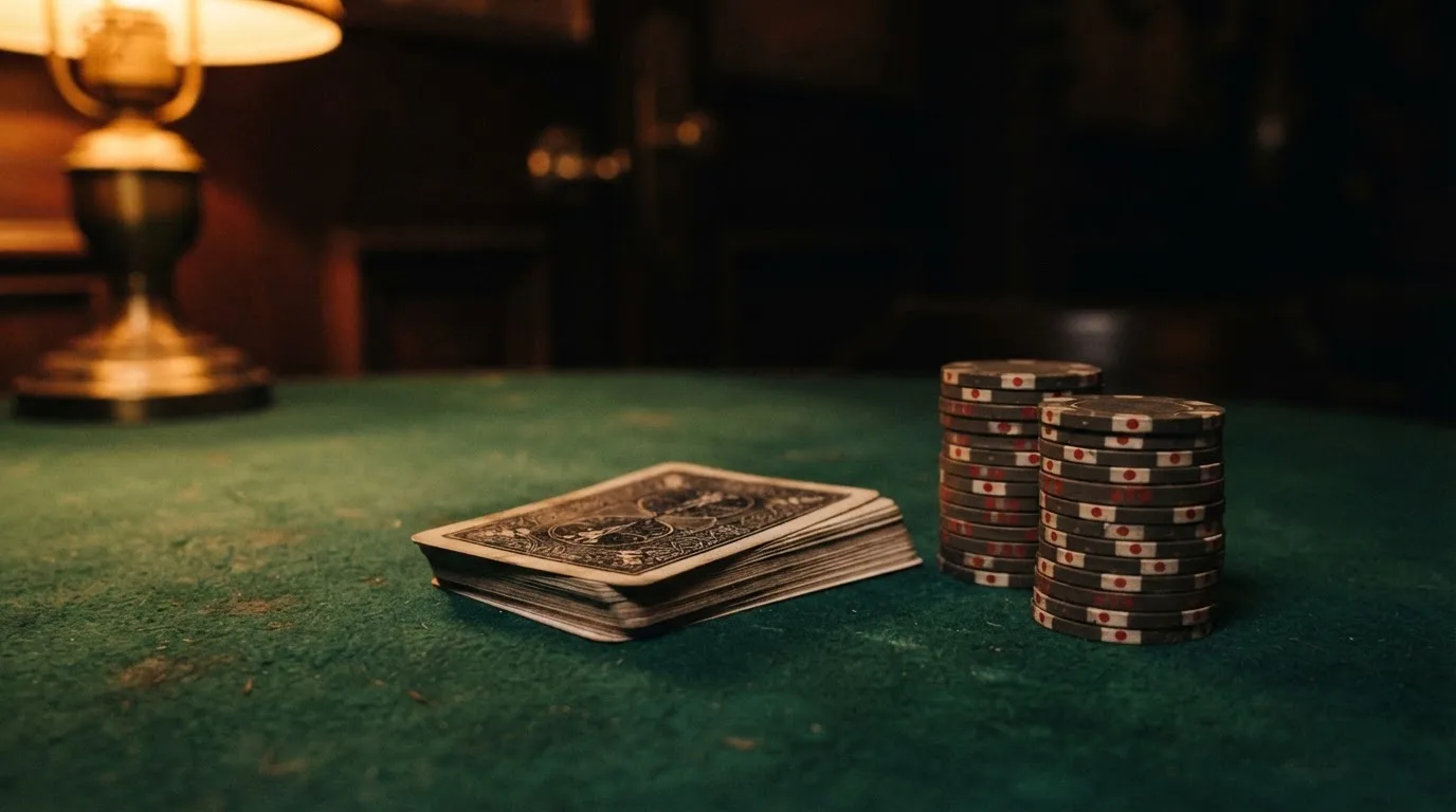 Kortlek och staplar av spelmarker på ett grönt filtbord i en dunkel salong, varmt lampsken — svenska casinon med skrill