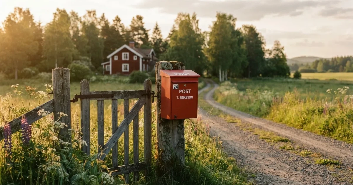 En röd brevlåda vid grinden till en lantgård en sommarkväll, daggigt gräs och långa skuggor — svenska casinon med skrill