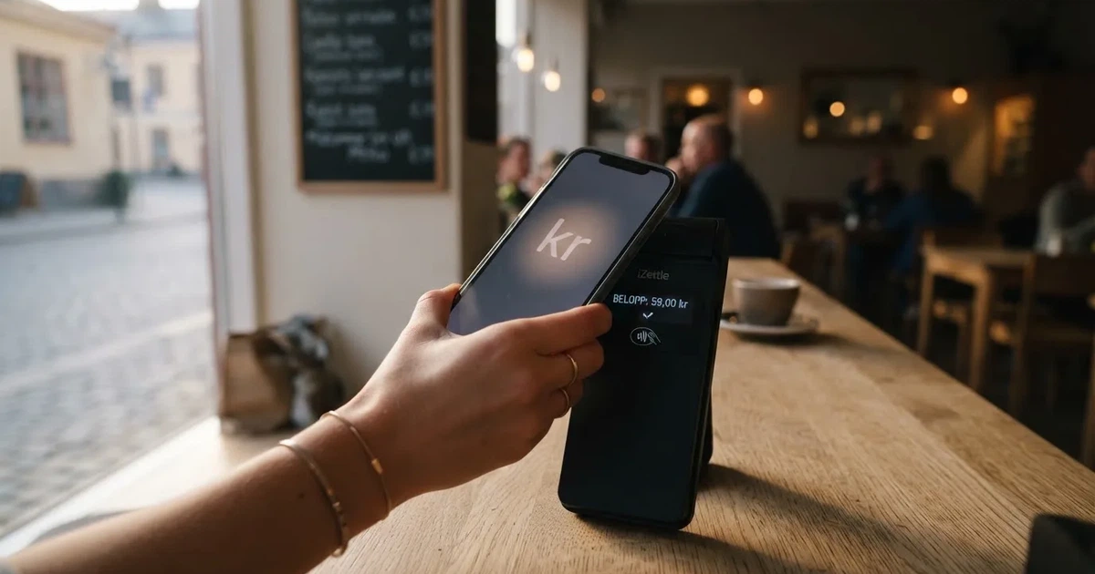 En hand håller ett betalkort nära en kortterminal för en kontaktlös betalning, fotograferat i närbild med varm belysning.