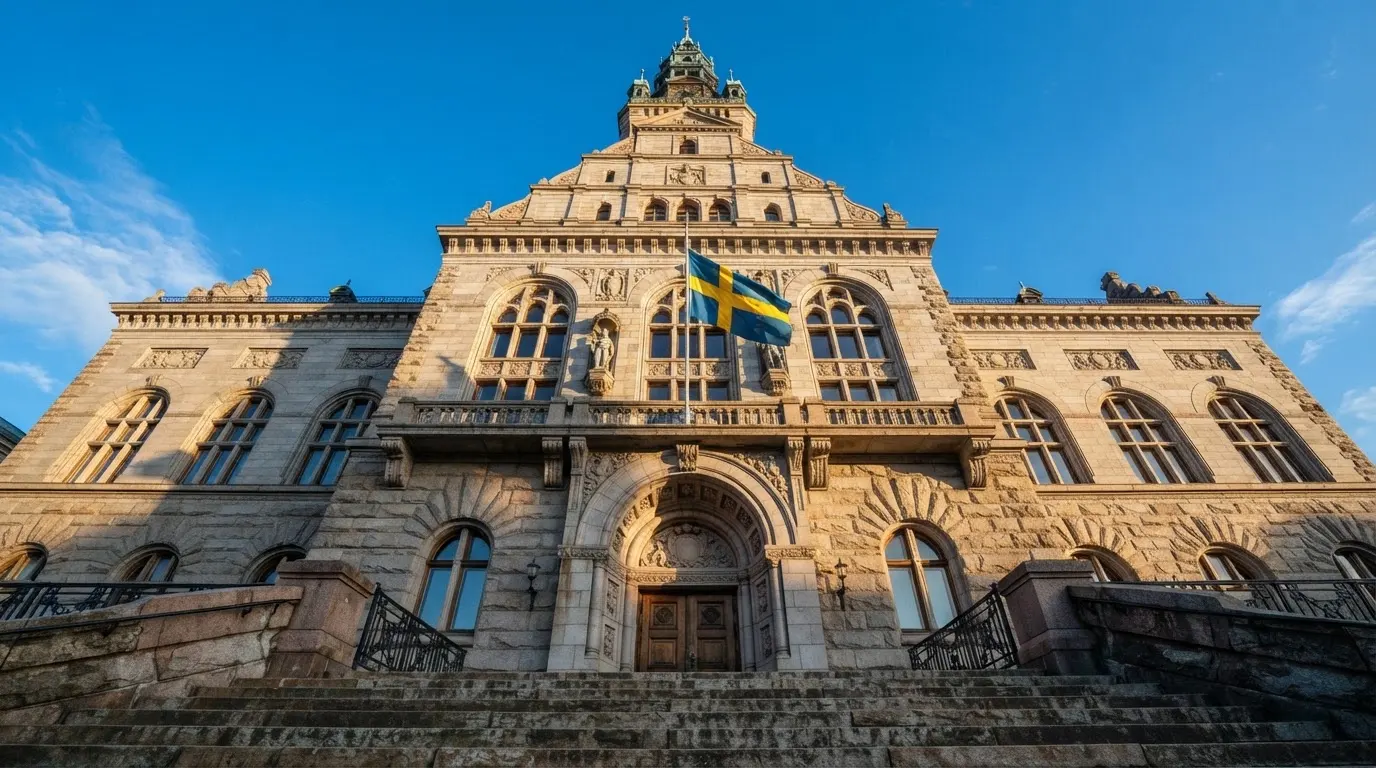 Ett gammalt stadshus i sten fotograferat underifrån mot en klarblå himmel, med den svenska flaggan som fladdrar ovanför entrén.