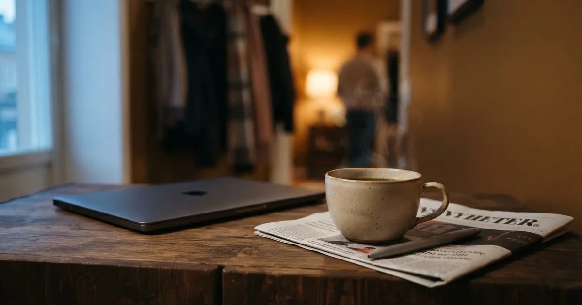 Kaffekopp och penna på ett smalt hallbord i skymning, en stängd bärbar dator vid sidan — svenska casinon med swish