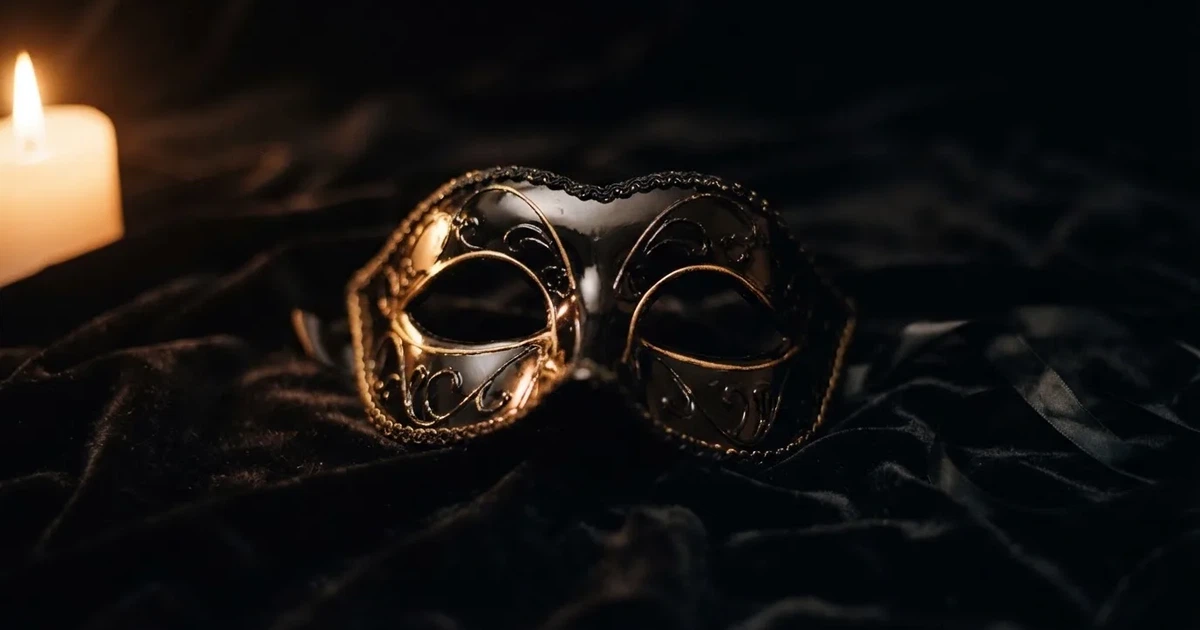 En venetiansk mask på svart sammet, ljuslågan speglas i dess blanka yta — svenska casinon med tether
