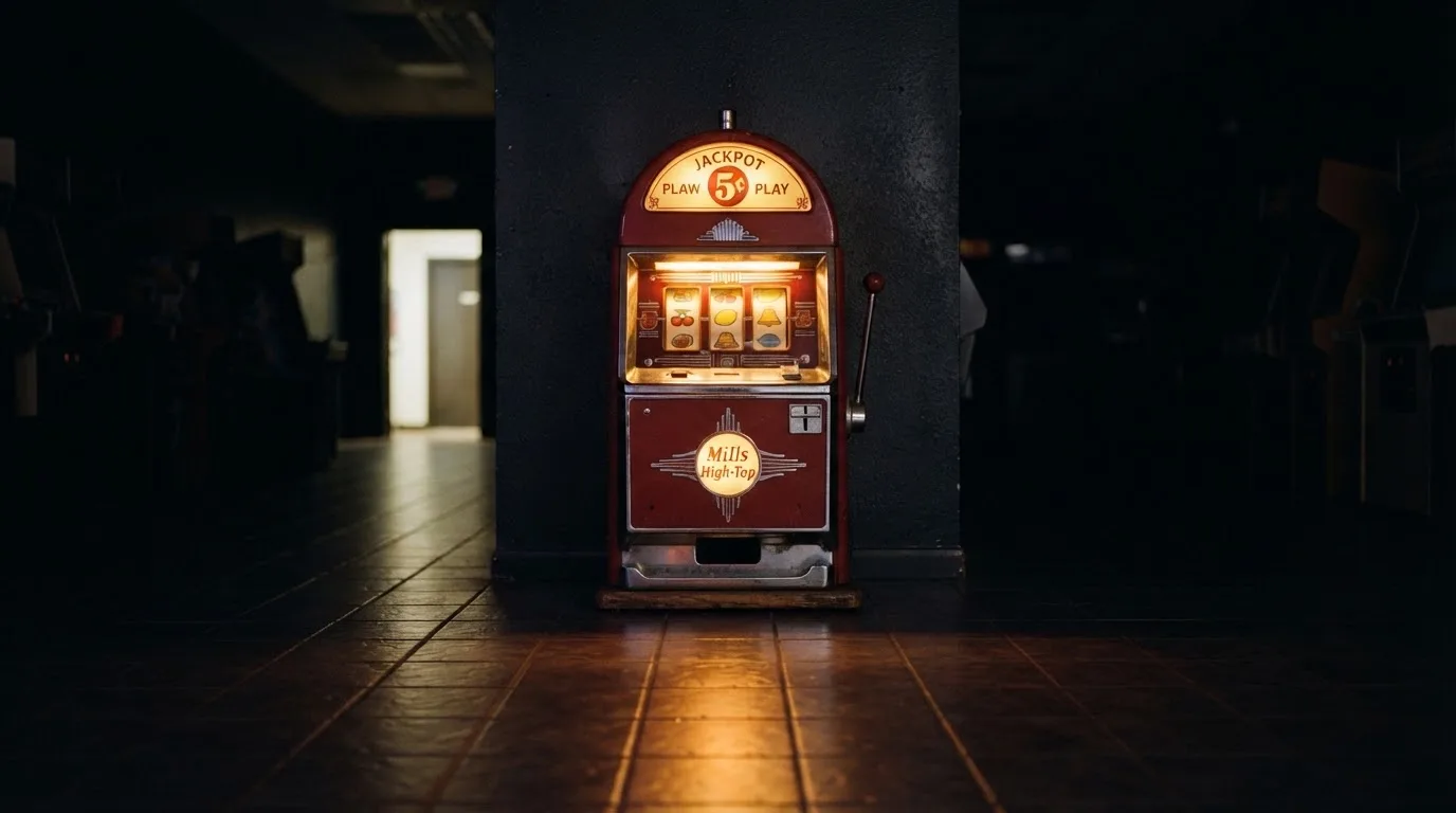 En gammal spelautomat lyser i den dunkla hallen och speglar sig i golvet — svenska casinon med tron