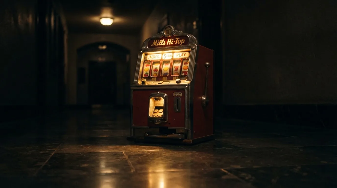 En gammal spelautomat lyser i den dunkla hallen och speglar sig i golvet — svenska casinon med visa