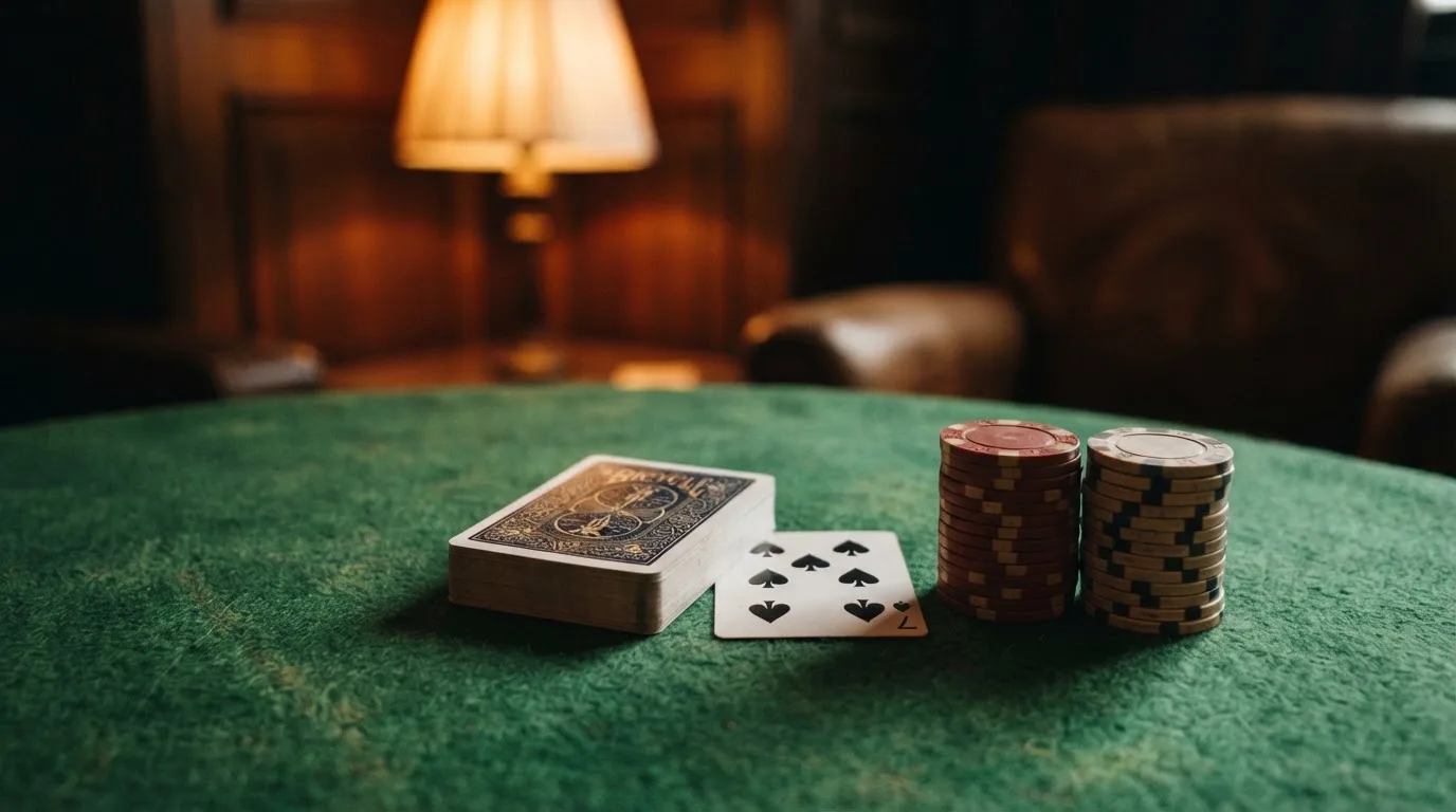 Kortlek och staplar av spelmarker på ett grönt filtbord i en dunkel salong, varmt lampsken — svenska casinon med zimpler