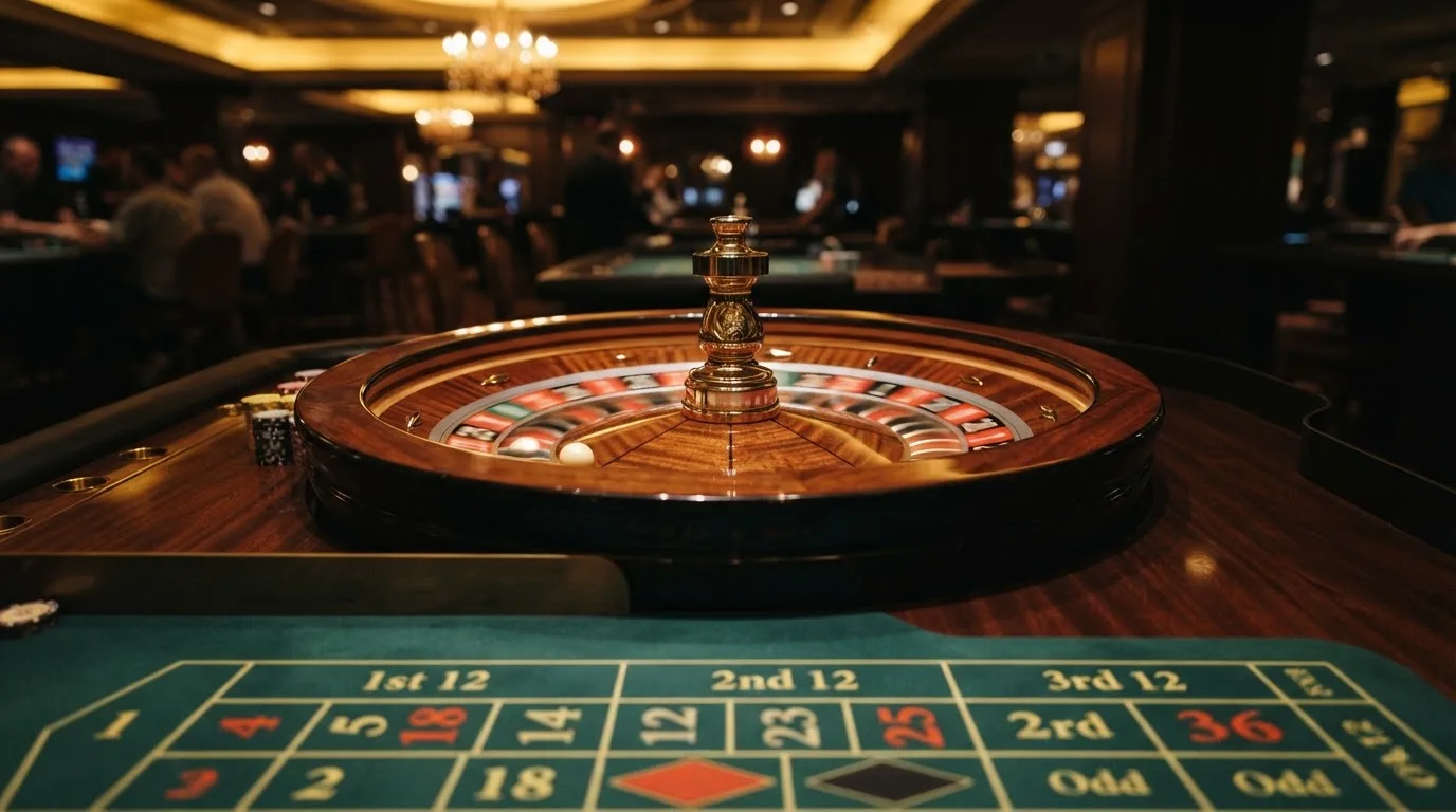 Ett roulettehjul snurrar på ett blankt träbord, den vita kulan glimmar i takljusets guld — svenska casinon på android