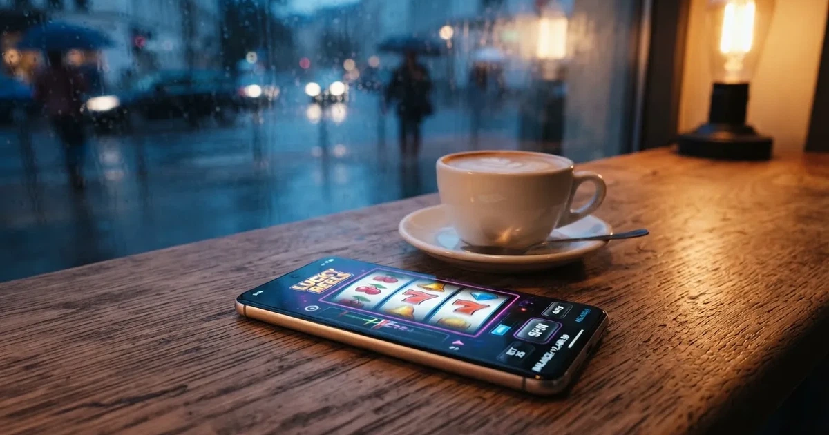 En mobil med framsidan nedåt på ett kafébord, bredvid en latte och regn mot rutan — svenska casinon på android