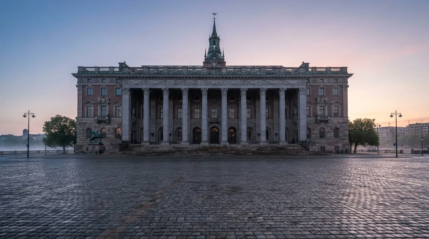 Stenfasad på en statlig byggnad i Stockholm vid gryning, höga pelare och ett tomt torg framför — svenska casinon på android