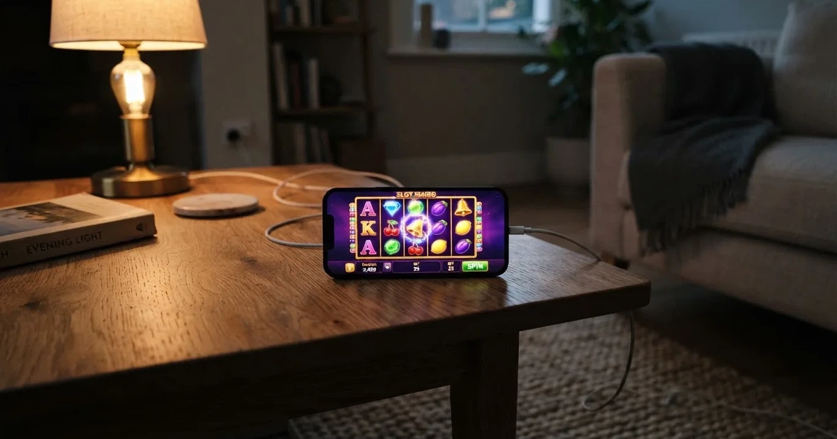 En smartphone ligger med baksidan upp på soffbordet, laddsladden ringlar och läslampan lyser mjukt — svenska casinon på ios