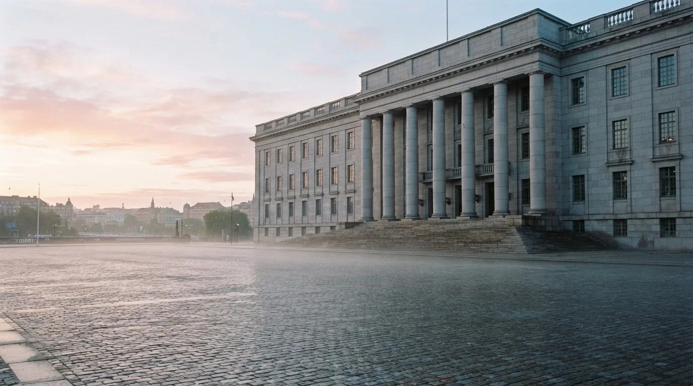 Stenfasad på en statlig byggnad i Stockholm vid gryning, höga pelare och ett tomt torg framför — svenska casinon på nätet
