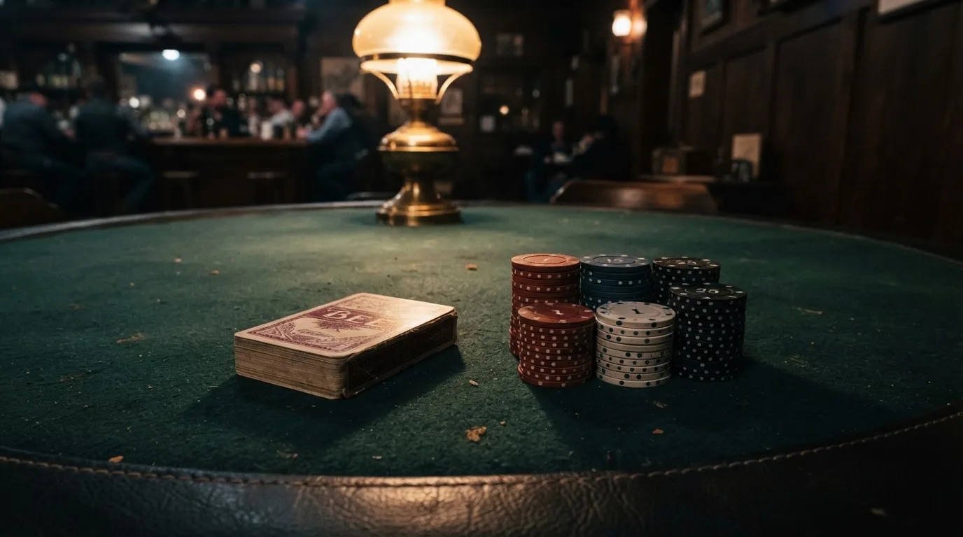 Kortlek och staplar av spelmarker på ett grönt filtbord i en dunkel salong, varmt lampsken — svenska casinon utan konto