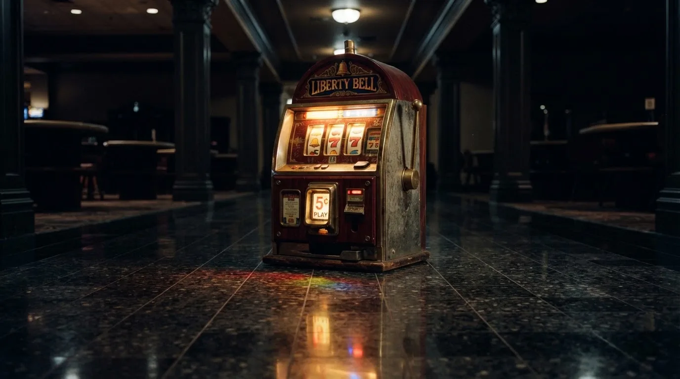 En gammal spelautomat lyser i den dunkla hallen och speglar sig i golvet — svenska casinon utan registrering