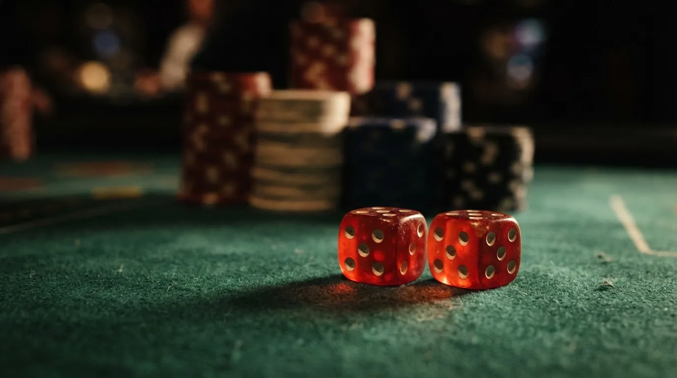 Röda tärningar vilar på grönt filt, bakom dem suddiga torn av spelmarker i kvällsdunklet — svenska casinon utan spelpaus