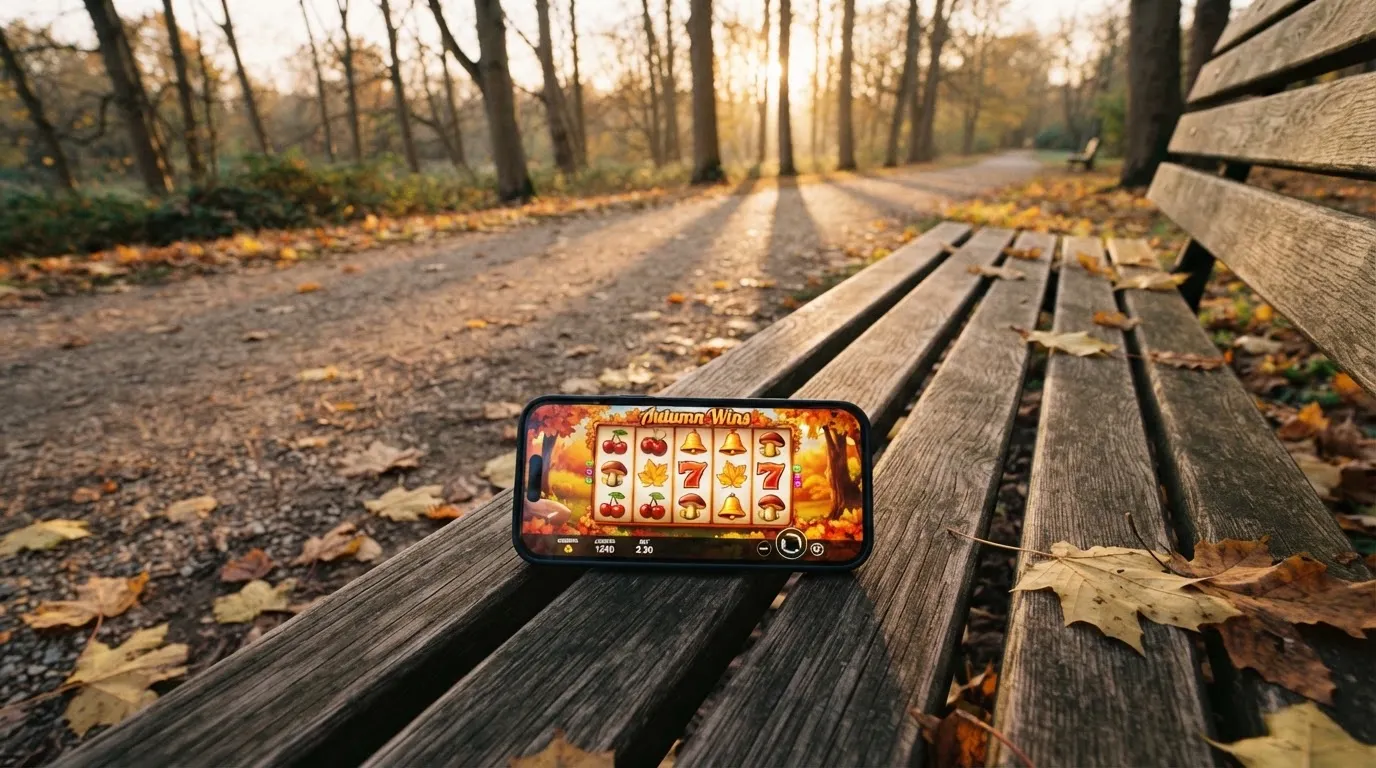 En tom parkbänk en höstmorgon, gula lönnlöv på stigen och låg sol mellan träden — svenska casinosajter