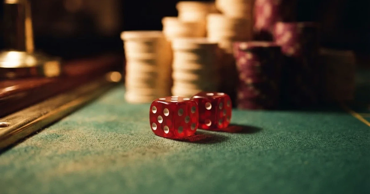 Röda tärningar vilar på grönt filt, bakom dem suddiga torn av spelmarker i kvällsdunklet — svenska internet casinon