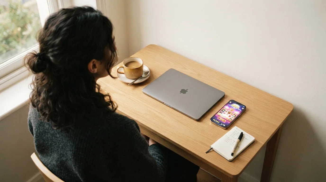 En person sitter vid ett skrivbord hemma med en kopp kaffe och en bärbar dator stängd bredvid sig i morgonljus.